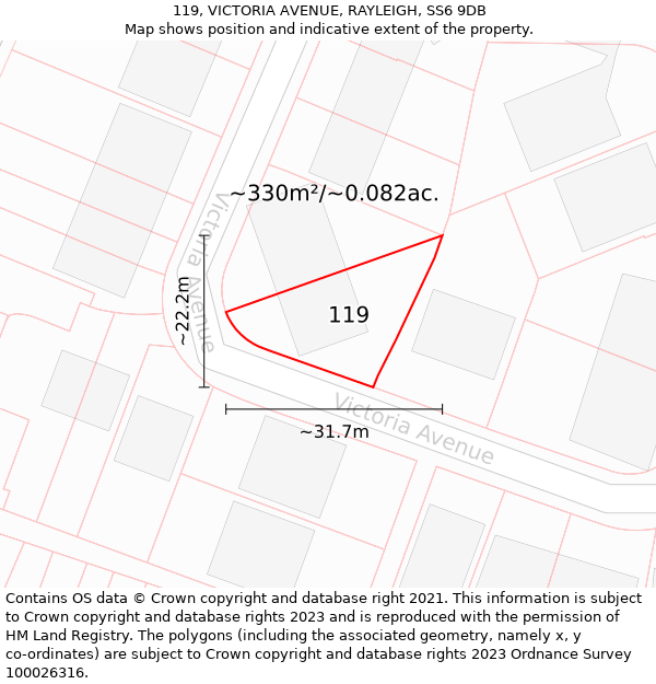 119, VICTORIA AVENUE, RAYLEIGH, SS6 9DB: Plot and title map