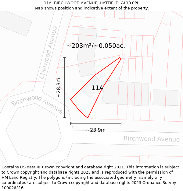 11A, BIRCHWOOD AVENUE, HATFIELD, AL10 0PL: Plot and title map