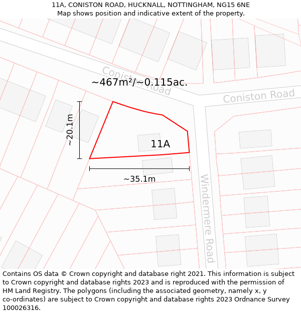 11A, CONISTON ROAD, HUCKNALL, NOTTINGHAM, NG15 6NE: Plot and title map