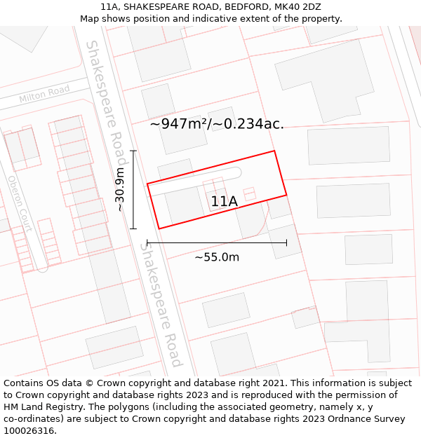 11A, SHAKESPEARE ROAD, BEDFORD, MK40 2DZ: Plot and title map