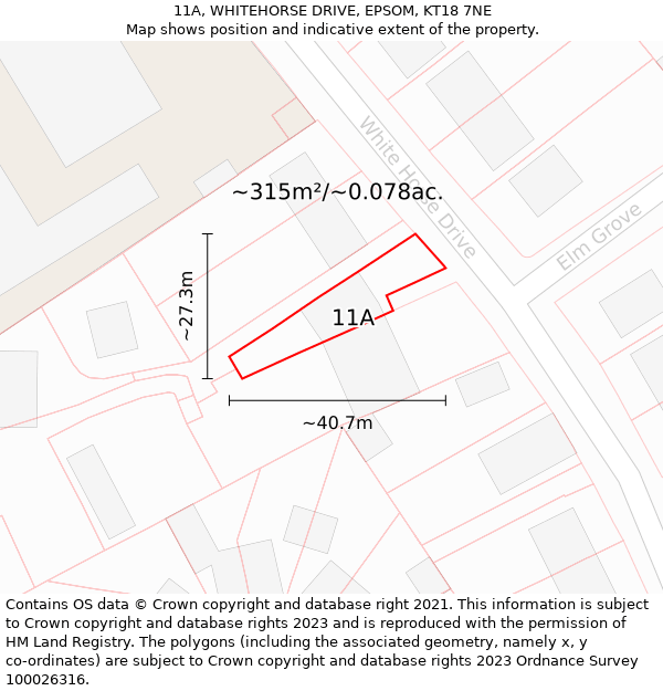 11A, WHITEHORSE DRIVE, EPSOM, KT18 7NE: Plot and title map