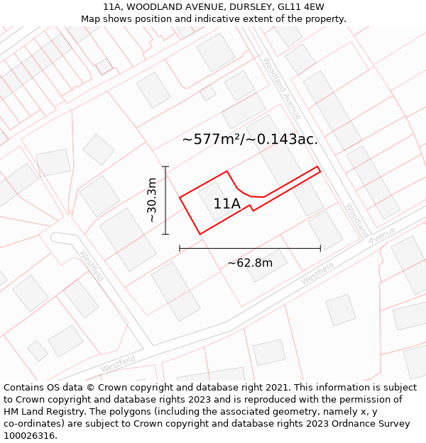 11A, WOODLAND AVENUE, DURSLEY, GL11 4EW: Plot and title map