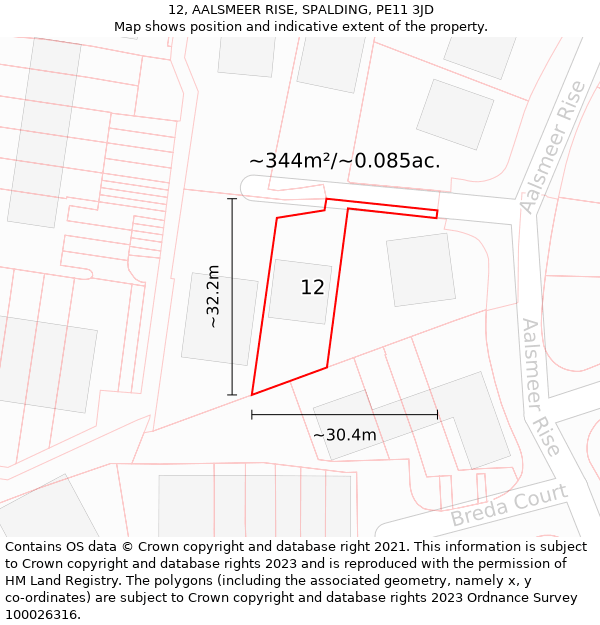 12, AALSMEER RISE, SPALDING, PE11 3JD: Plot and title map