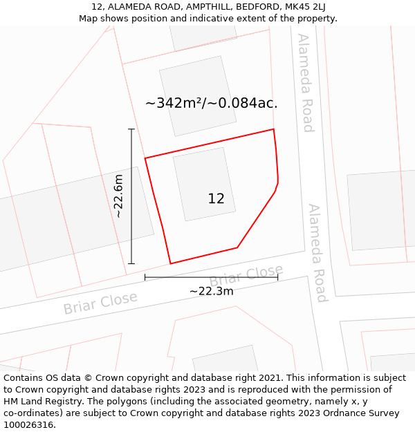 12, ALAMEDA ROAD, AMPTHILL, BEDFORD, MK45 2LJ: Plot and title map