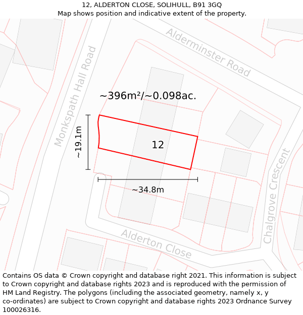 12, ALDERTON CLOSE, SOLIHULL, B91 3GQ: Plot and title map