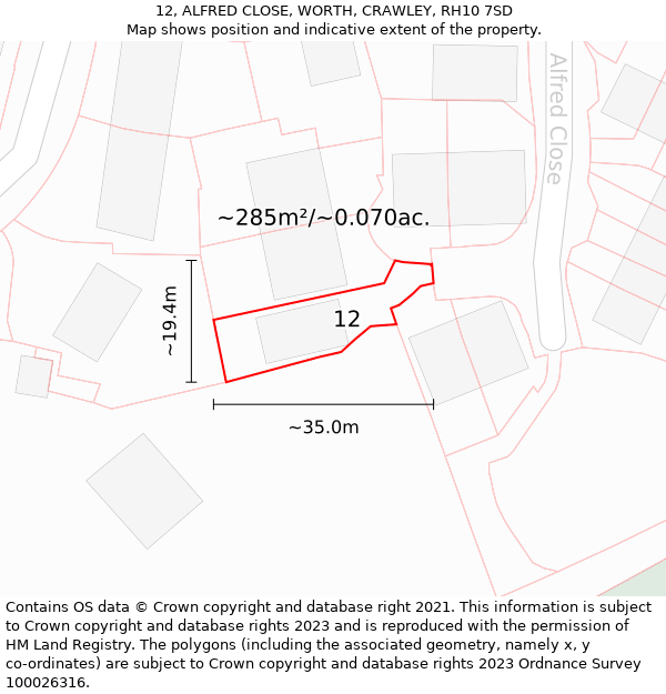 12, ALFRED CLOSE, WORTH, CRAWLEY, RH10 7SD: Plot and title map