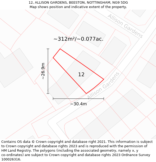 12, ALLISON GARDENS, BEESTON, NOTTINGHAM, NG9 5DG: Plot and title map