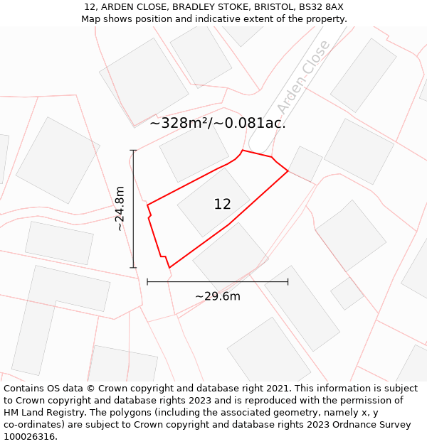 12, ARDEN CLOSE, BRADLEY STOKE, BRISTOL, BS32 8AX: Plot and title map