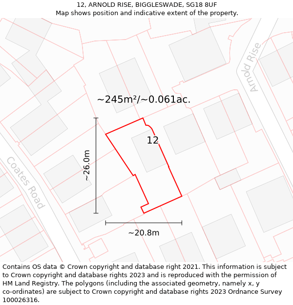 12, ARNOLD RISE, BIGGLESWADE, SG18 8UF: Plot and title map