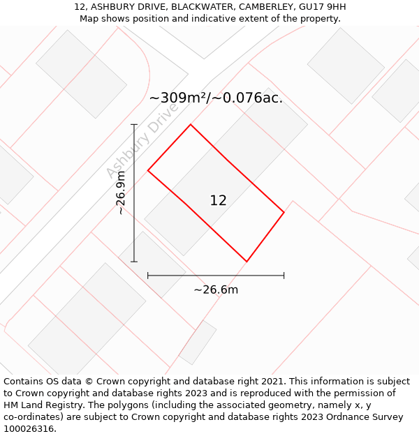 12, ASHBURY DRIVE, BLACKWATER, CAMBERLEY, GU17 9HH: Plot and title map