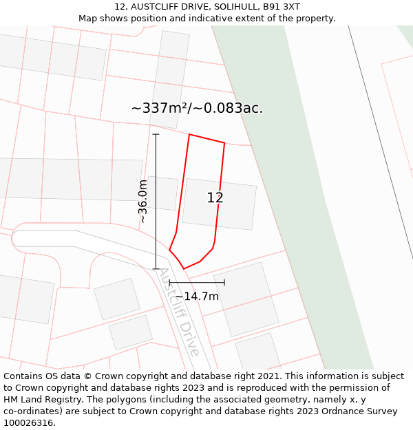 12, AUSTCLIFF DRIVE, SOLIHULL, B91 3XT: Plot and title map