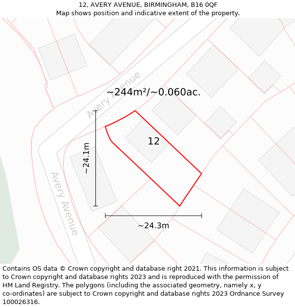 12, AVERY AVENUE, BIRMINGHAM, B16 0QF: Plot and title map