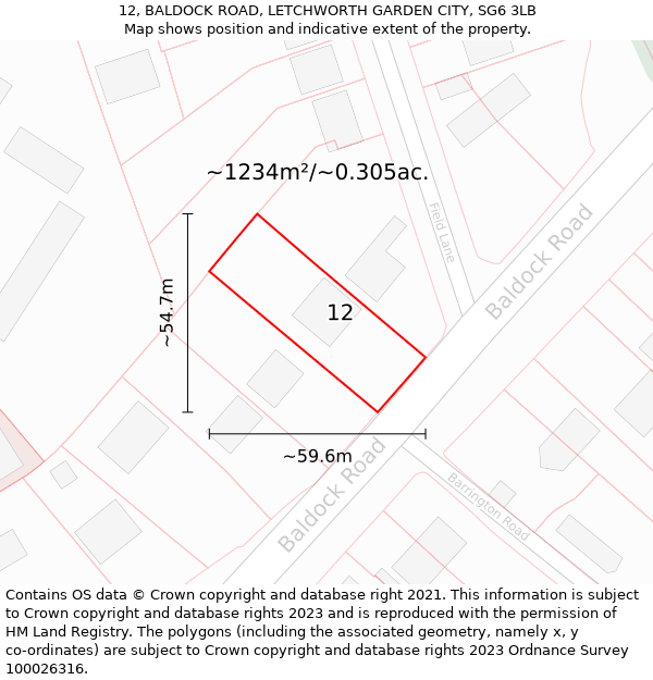 12, BALDOCK ROAD, LETCHWORTH GARDEN CITY, SG6 3LB: Plot and title map