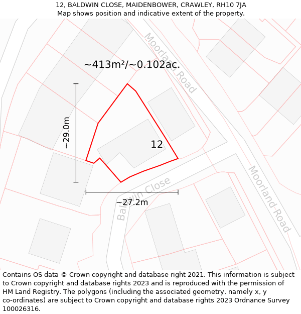 12, BALDWIN CLOSE, MAIDENBOWER, CRAWLEY, RH10 7JA: Plot and title map