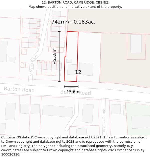 12, BARTON ROAD, CAMBRIDGE, CB3 9JZ: Plot and title map