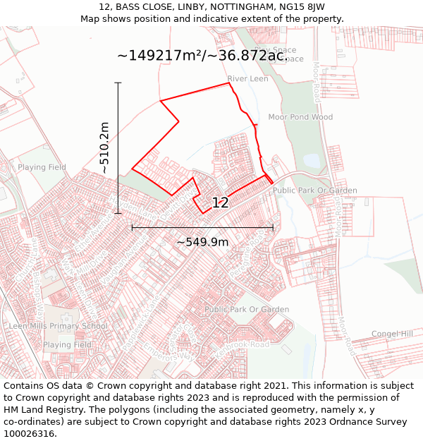 12, BASS CLOSE, LINBY, NOTTINGHAM, NG15 8JW: Plot and title map