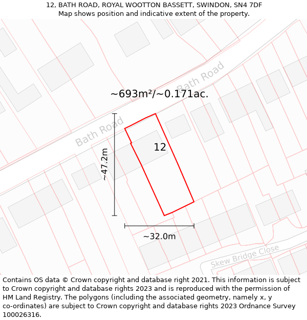 12, BATH ROAD, ROYAL WOOTTON BASSETT, SWINDON, SN4 7DF: Plot and title map