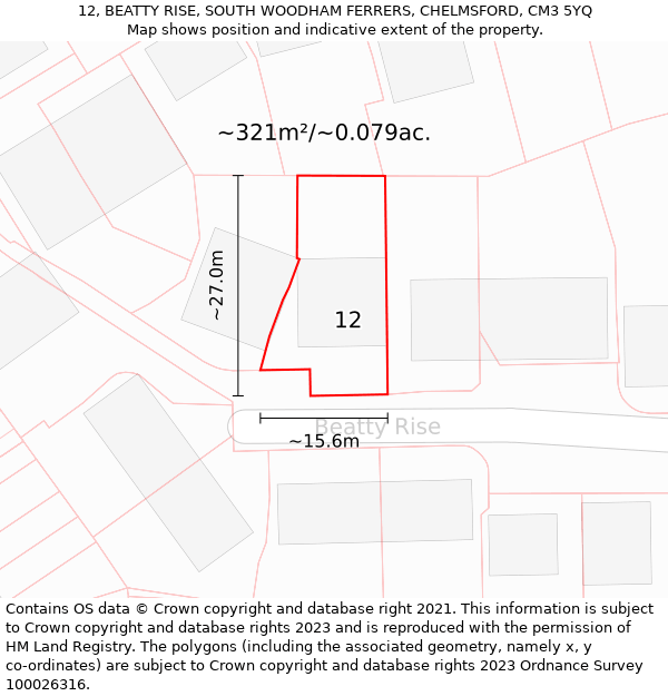 12, BEATTY RISE, SOUTH WOODHAM FERRERS, CHELMSFORD, CM3 5YQ: Plot and title map