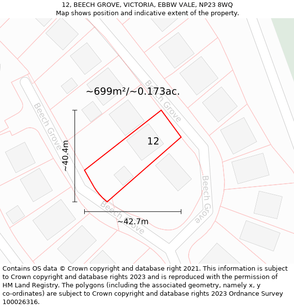 12, BEECH GROVE, VICTORIA, EBBW VALE, NP23 8WQ: Plot and title map