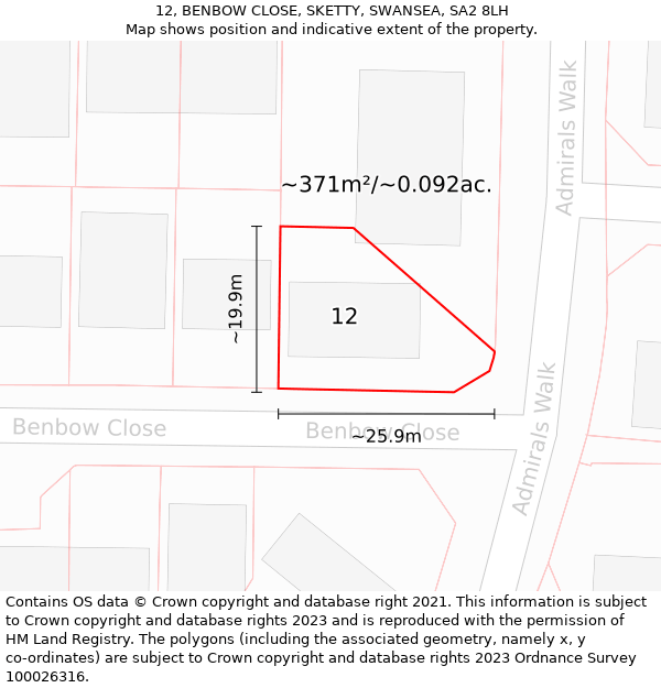 12, BENBOW CLOSE, SKETTY, SWANSEA, SA2 8LH: Plot and title map