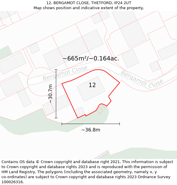 12, BERGAMOT CLOSE, THETFORD, IP24 2UT: Plot and title map