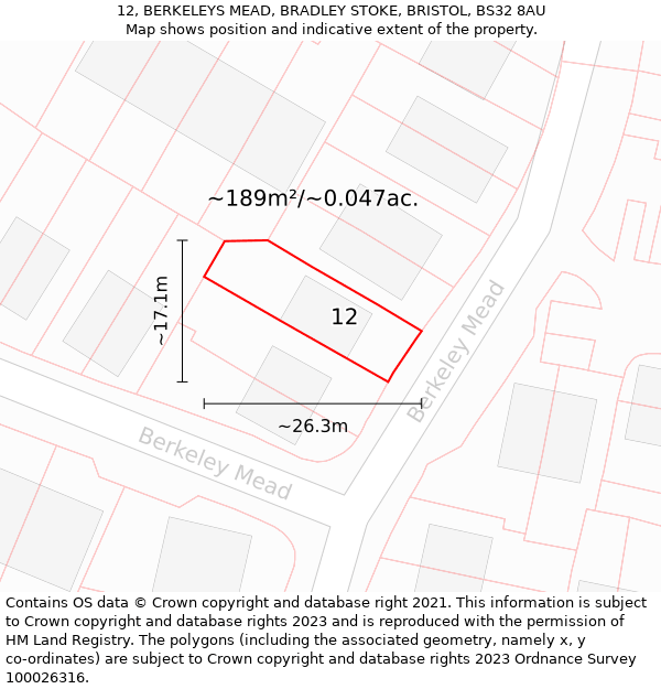 12, BERKELEYS MEAD, BRADLEY STOKE, BRISTOL, BS32 8AU: Plot and title map