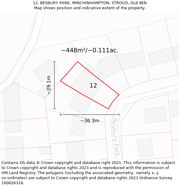 12, BESBURY PARK, MINCHINHAMPTON, STROUD, GL6 9EN: Plot and title map