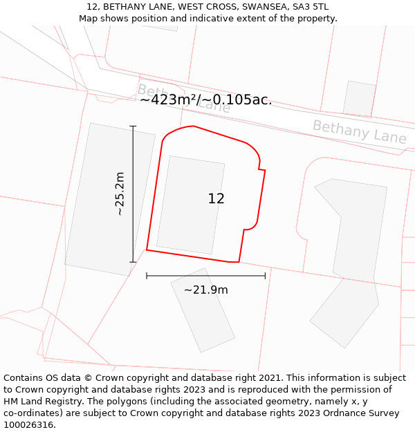 12, BETHANY LANE, WEST CROSS, SWANSEA, SA3 5TL: Plot and title map