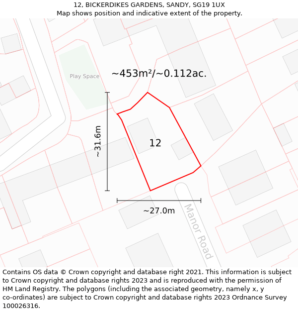 12, BICKERDIKES GARDENS, SANDY, SG19 1UX: Plot and title map