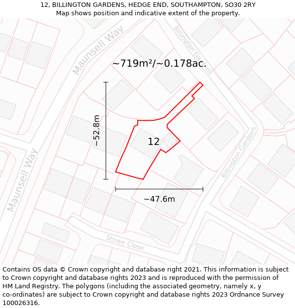 12, BILLINGTON GARDENS, HEDGE END, SOUTHAMPTON, SO30 2RY: Plot and title map