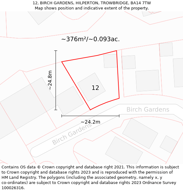 12, BIRCH GARDENS, HILPERTON, TROWBRIDGE, BA14 7TW: Plot and title map