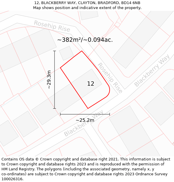 12, BLACKBERRY WAY, CLAYTON, BRADFORD, BD14 6NB: Plot and title map