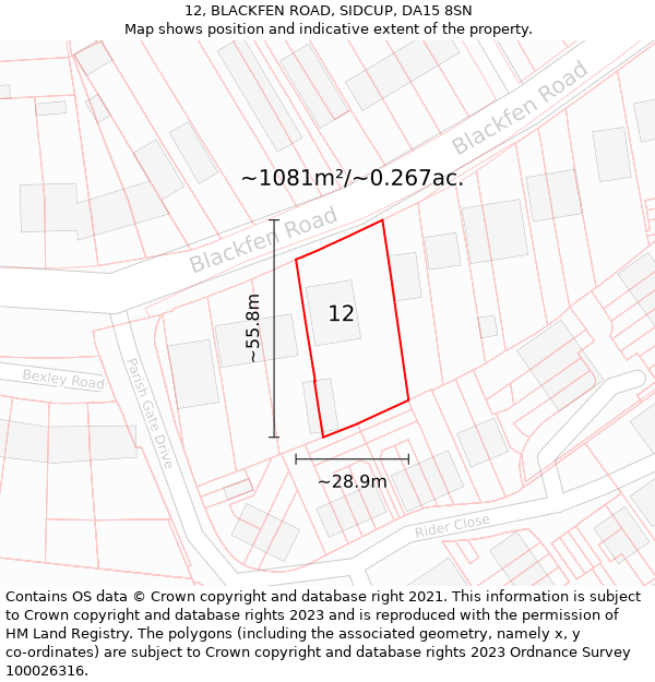12, BLACKFEN ROAD, SIDCUP, DA15 8SN: Plot and title map