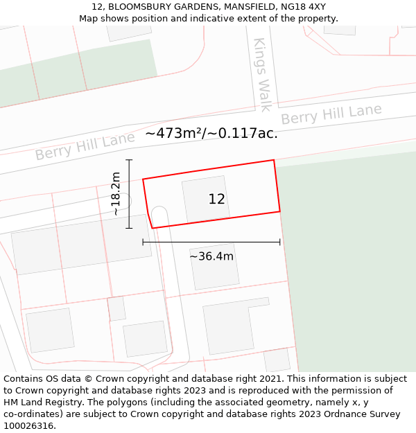 12, BLOOMSBURY GARDENS, MANSFIELD, NG18 4XY: Plot and title map