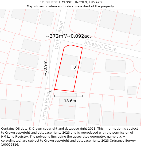 12, BLUEBELL CLOSE, LINCOLN, LN5 9XB: Plot and title map