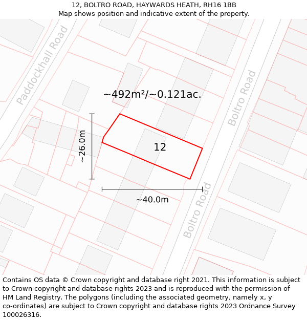 12, BOLTRO ROAD, HAYWARDS HEATH, RH16 1BB: Plot and title map