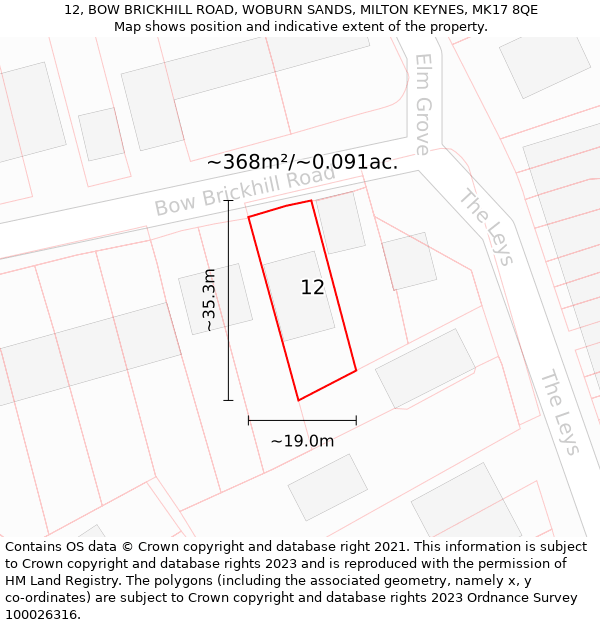 12, BOW BRICKHILL ROAD, WOBURN SANDS, MILTON KEYNES, MK17 8QE: Plot and title map