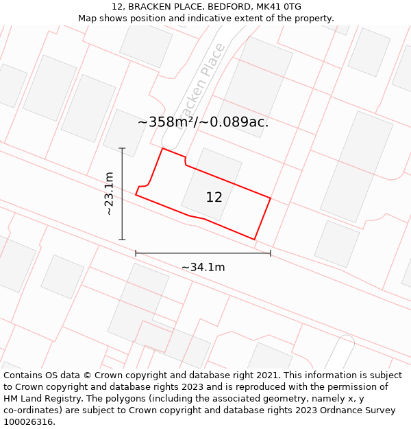 12, BRACKEN PLACE, BEDFORD, MK41 0TG: Plot and title map