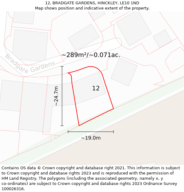 12, BRADGATE GARDENS, HINCKLEY, LE10 1ND: Plot and title map