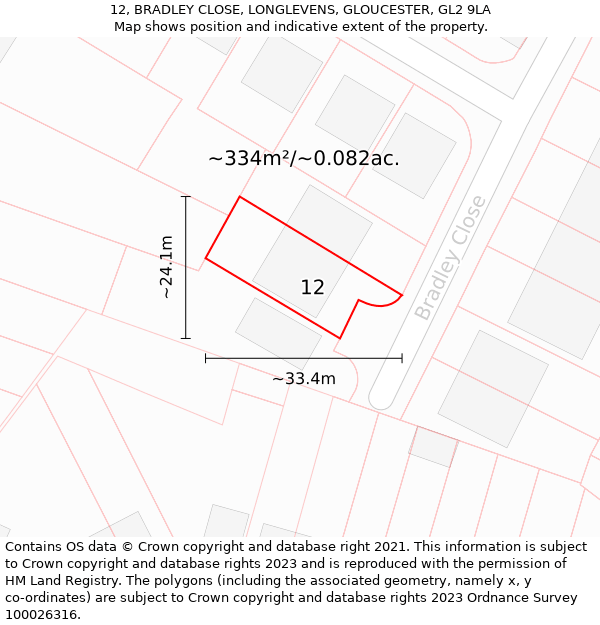 12, BRADLEY CLOSE, LONGLEVENS, GLOUCESTER, GL2 9LA: Plot and title map