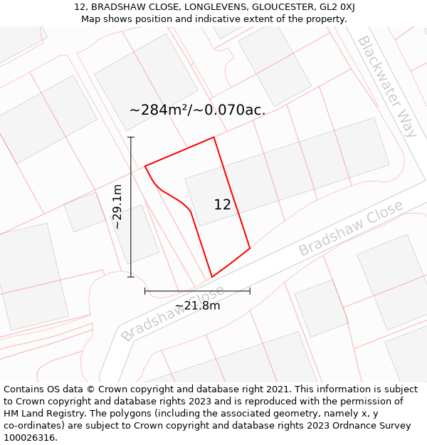 12, BRADSHAW CLOSE, LONGLEVENS, GLOUCESTER, GL2 0XJ: Plot and title map