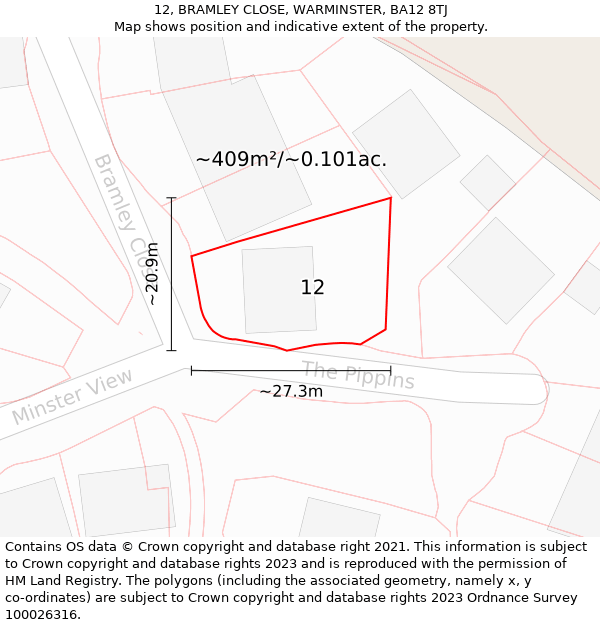 12, BRAMLEY CLOSE, WARMINSTER, BA12 8TJ: Plot and title map