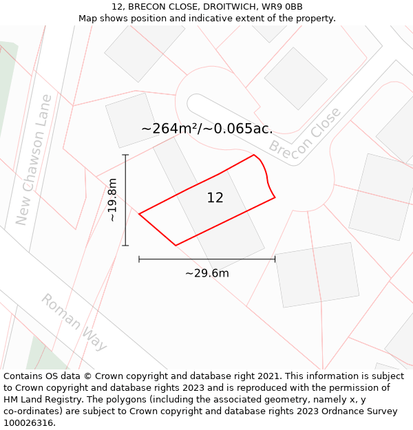 12, BRECON CLOSE, DROITWICH, WR9 0BB: Plot and title map