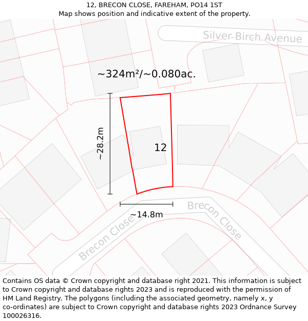 12, BRECON CLOSE, FAREHAM, PO14 1ST: Plot and title map