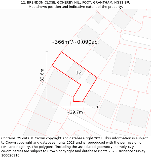 12, BRENDON CLOSE, GONERBY HILL FOOT, GRANTHAM, NG31 8FU: Plot and title map