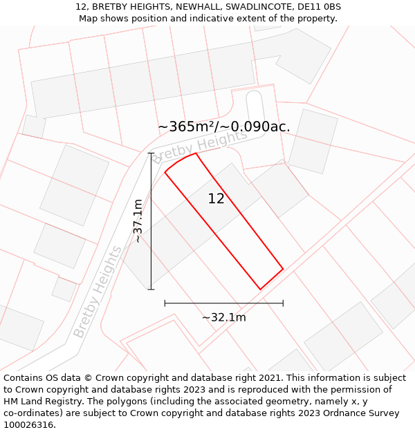 12, BRETBY HEIGHTS, NEWHALL, SWADLINCOTE, DE11 0BS: Plot and title map