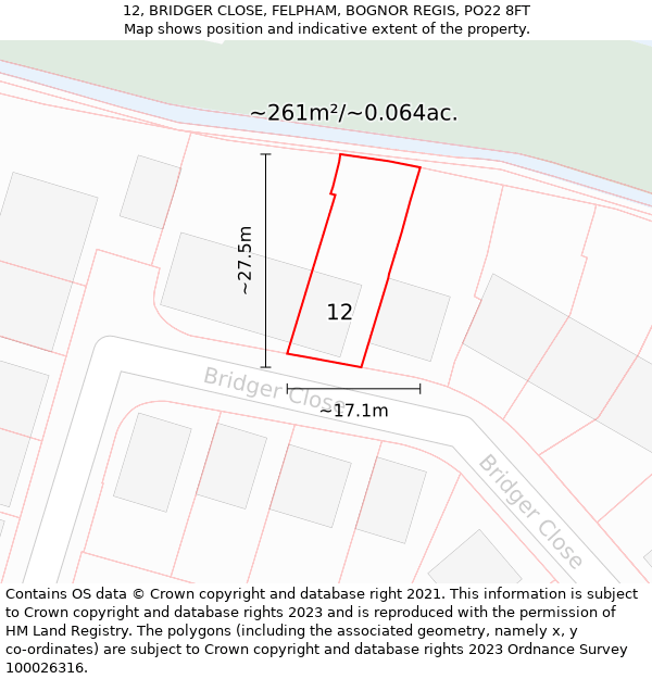 12, BRIDGER CLOSE, FELPHAM, BOGNOR REGIS, PO22 8FT: Plot and title map