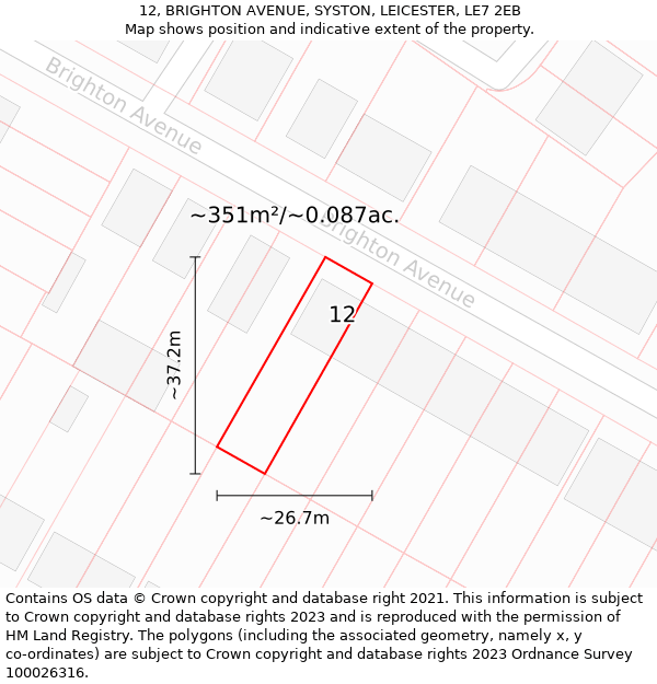 12, BRIGHTON AVENUE, SYSTON, LEICESTER, LE7 2EB: Plot and title map