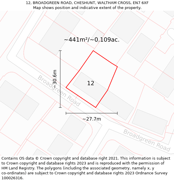 12, BROADGREEN ROAD, CHESHUNT, WALTHAM CROSS, EN7 6XF: Plot and title map