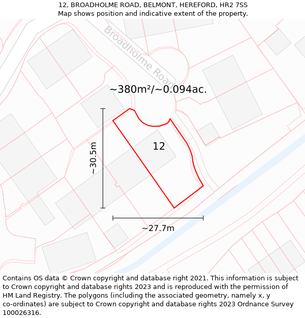 12, BROADHOLME ROAD, BELMONT, HEREFORD, HR2 7SS: Plot and title map